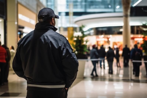 Security Guard In Mall Watching Over Shoppers Security Guard In Mall Watching Over Shoppers